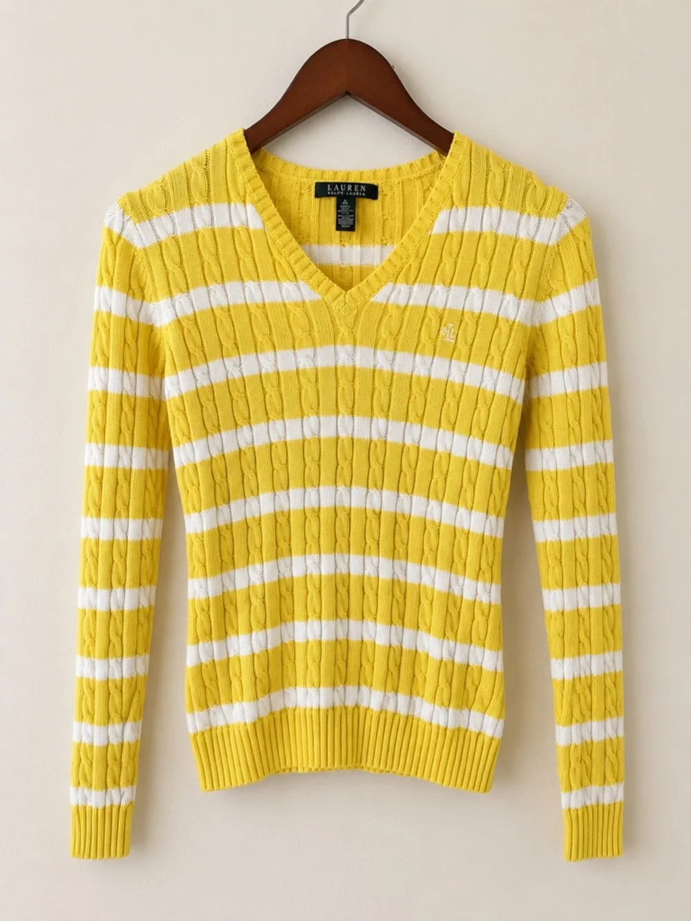 Lauren Ralph Lauren Yellow White Striped Cable Knit Sweater XS 100% Cotton VNeck